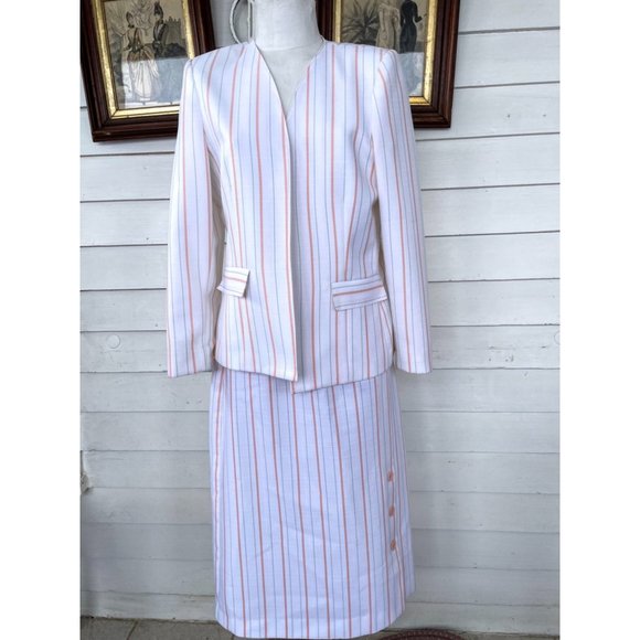 Vintage 1970s White Peach Striped Skirt Suit - Picture 11 of 16